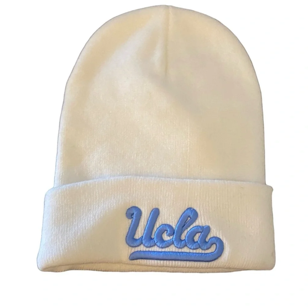 UCLA White Cuffed Ribbed Knit beanie UCLA script logo Light blue embroidered
